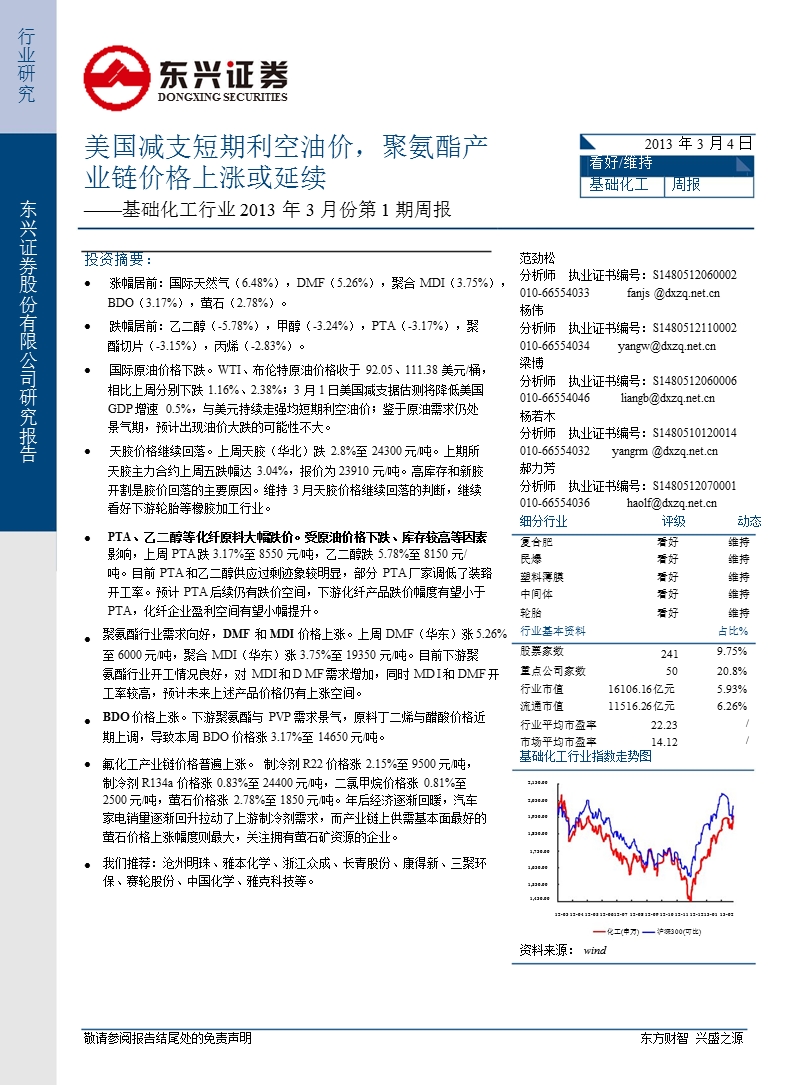 基础化工行业2013年3月份第1期周报：美国减支短期利空油价，聚氨酯产业链价格上涨或延续-130304.ppt_第1页