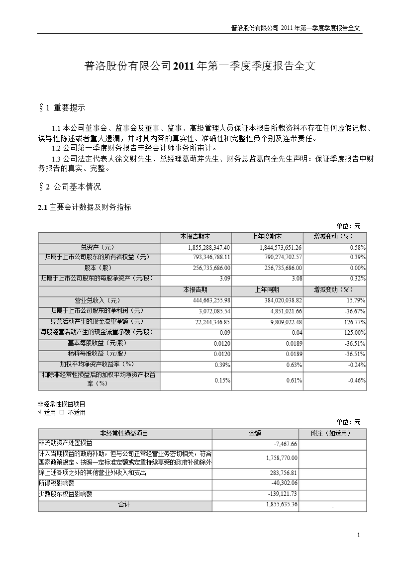 普洛股份：2011年第一季度报告全文(1).ppt_第1页