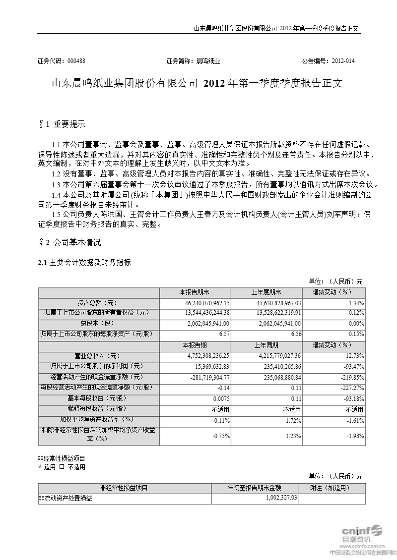 晨鸣纸业：2012年第一季度报告正文.ppt_第1页