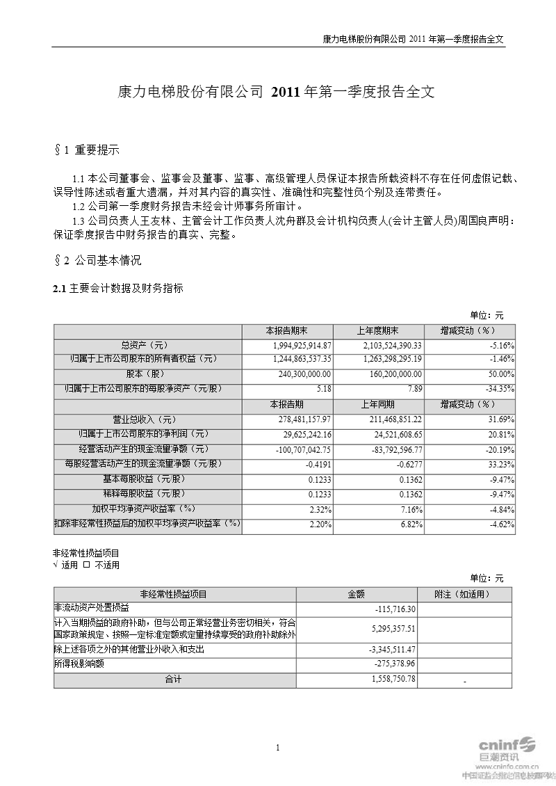 康力电梯：2011年第一季度报告全文.ppt_第1页