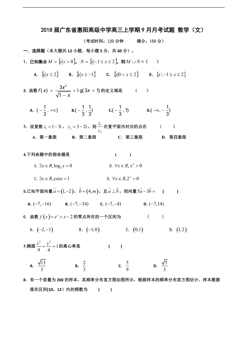 2018年广东省惠阳高级中学高三上学期9月月考试题 数学（文）.doc_第1页