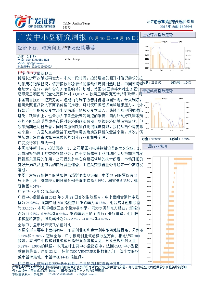 广发中小盘研究周报(9月10日～9月16日)：经济下行_政策向上_市场延续震荡-2012-09-19.ppt_第1页