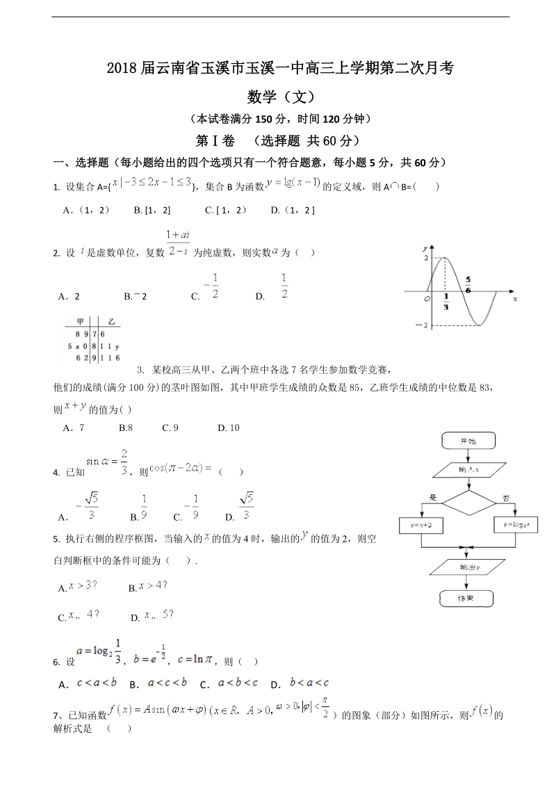 2018年云南省玉溪市玉溪一中高三上学期第二次月考 数学（文）.doc_第1页