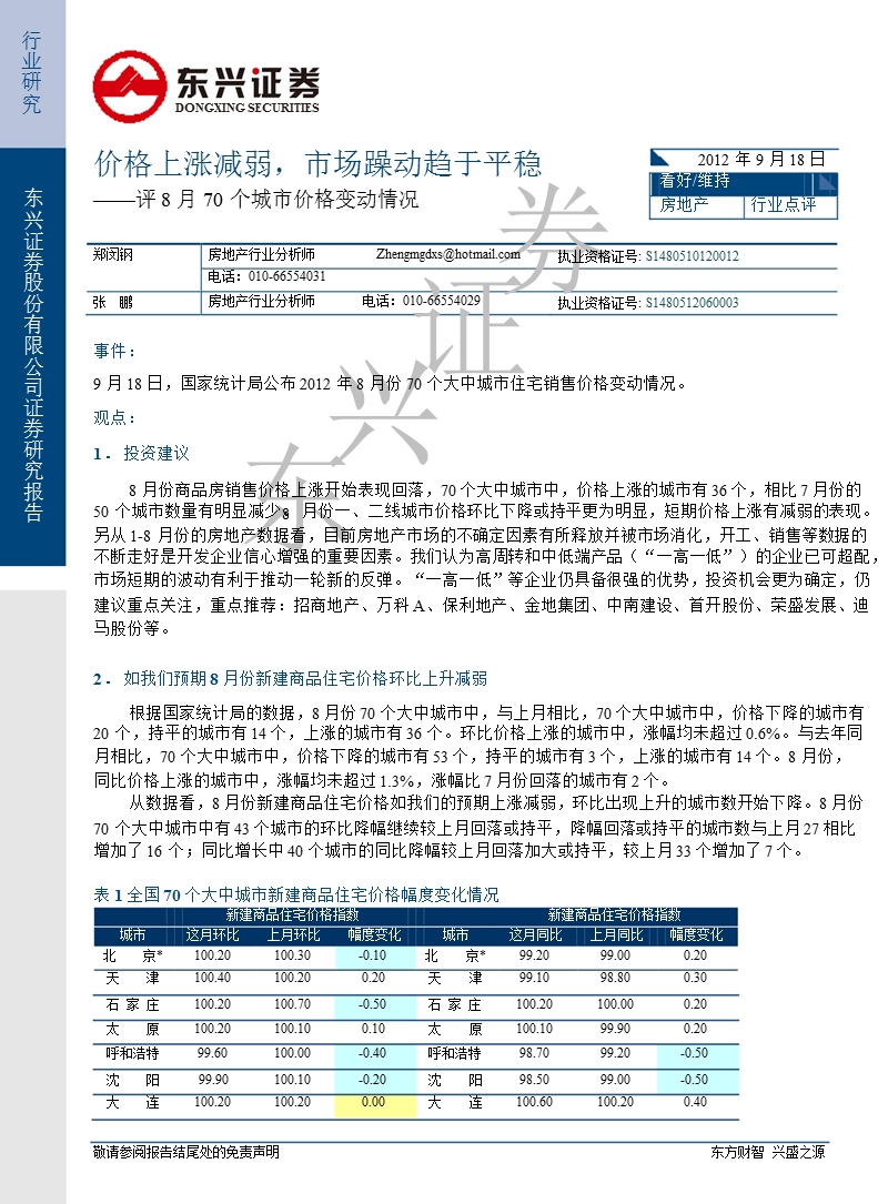 房地产8月份70个城市价格点评：价格上涨减弱_市场躁动趋于平稳.doc-2012-09-19.ppt_第1页