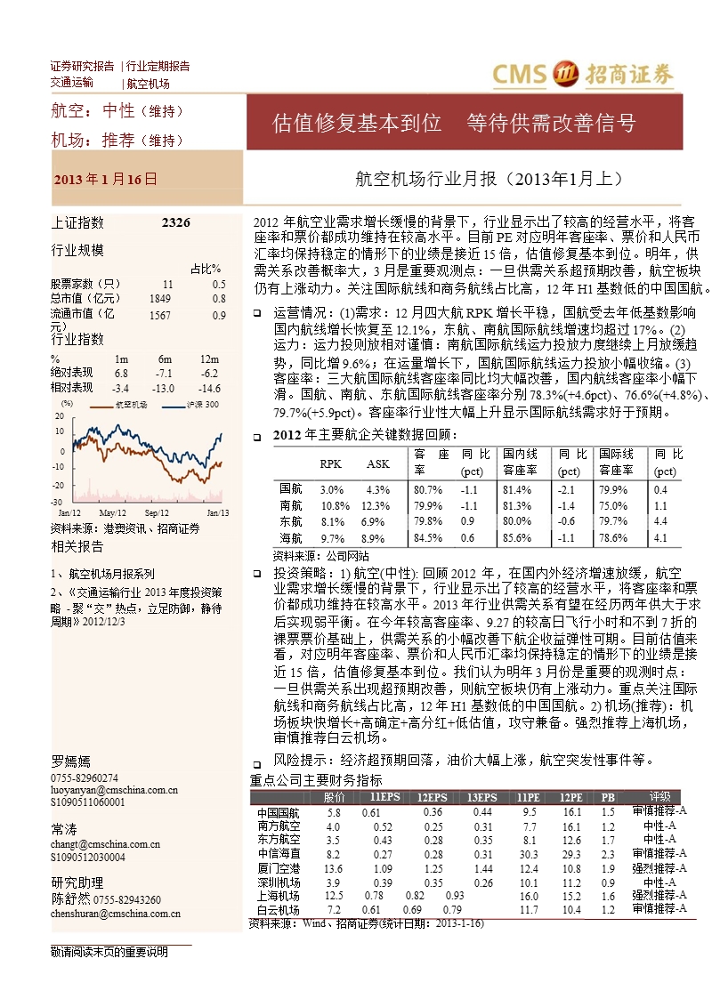 航空机场行业月报(2013年1月上)：估值修复基本到位_等待供需改善信号-2013-01-17.ppt_第1页