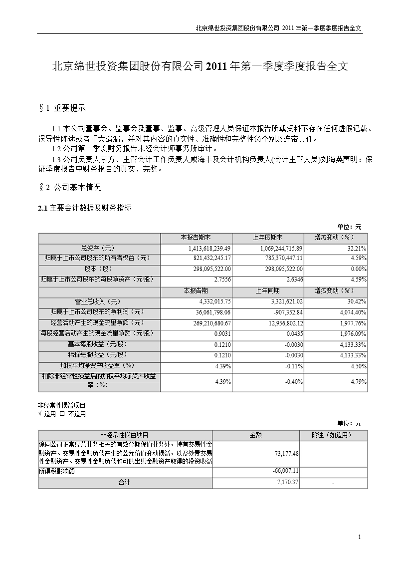 绵世股份：2011年第一季度报告全文.ppt_第1页