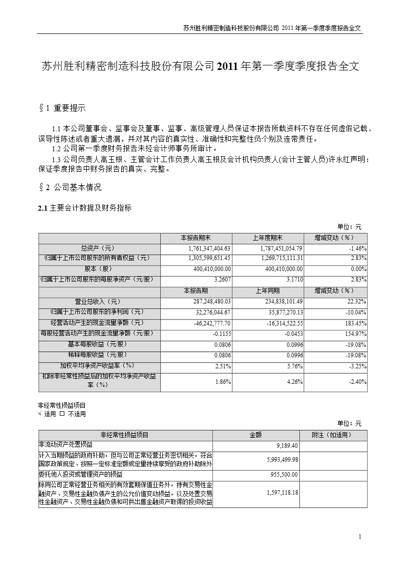 胜利精密：2011年第一季度报告全文.ppt_第1页