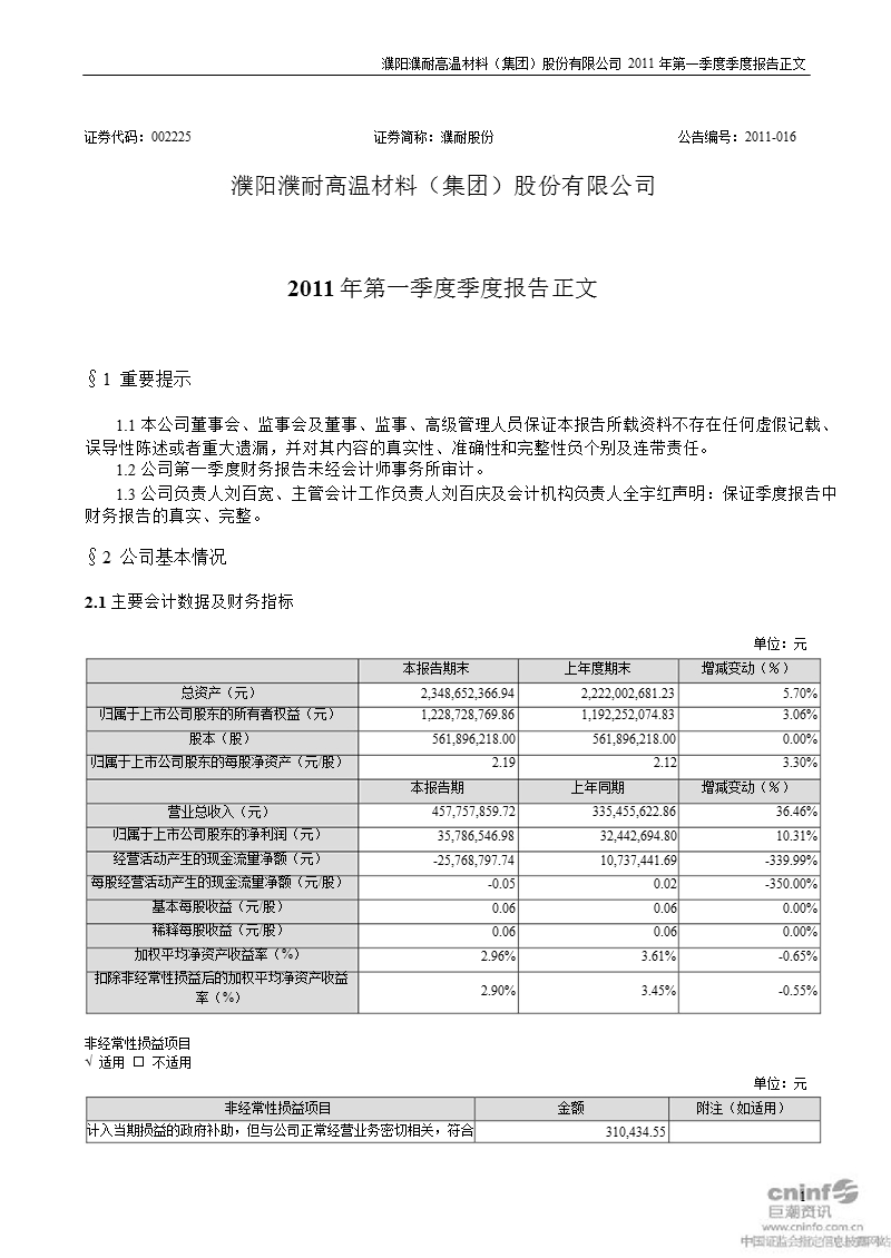 濮耐股份：2011年第一季度报告正文.ppt_第1页