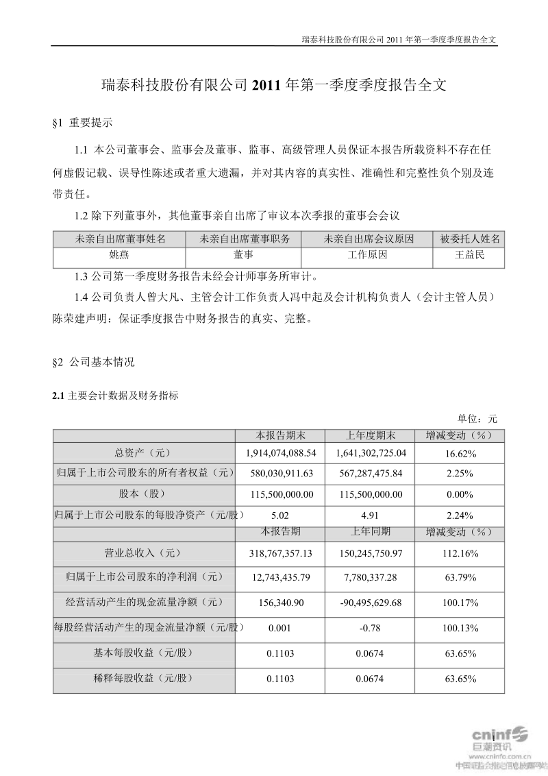 瑞泰科技：2011年第一季度报告全文.ppt_第1页