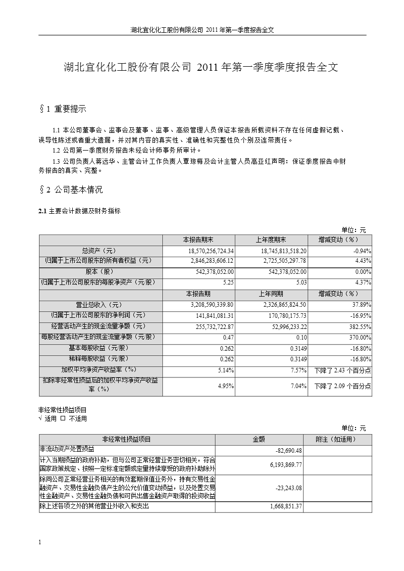 湖北宜化：2011年第一季度报告全文.ppt_第1页