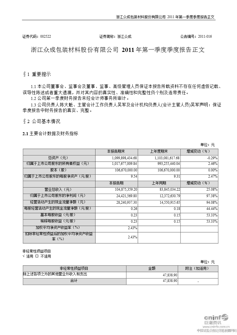 浙江众成：2011年第一季度报告正文.ppt_第1页