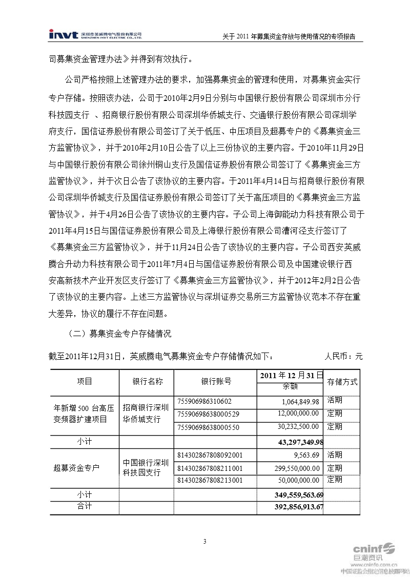 英威腾：关于2011年募集资金存放与使用情况的专项报告.ppt_第3页