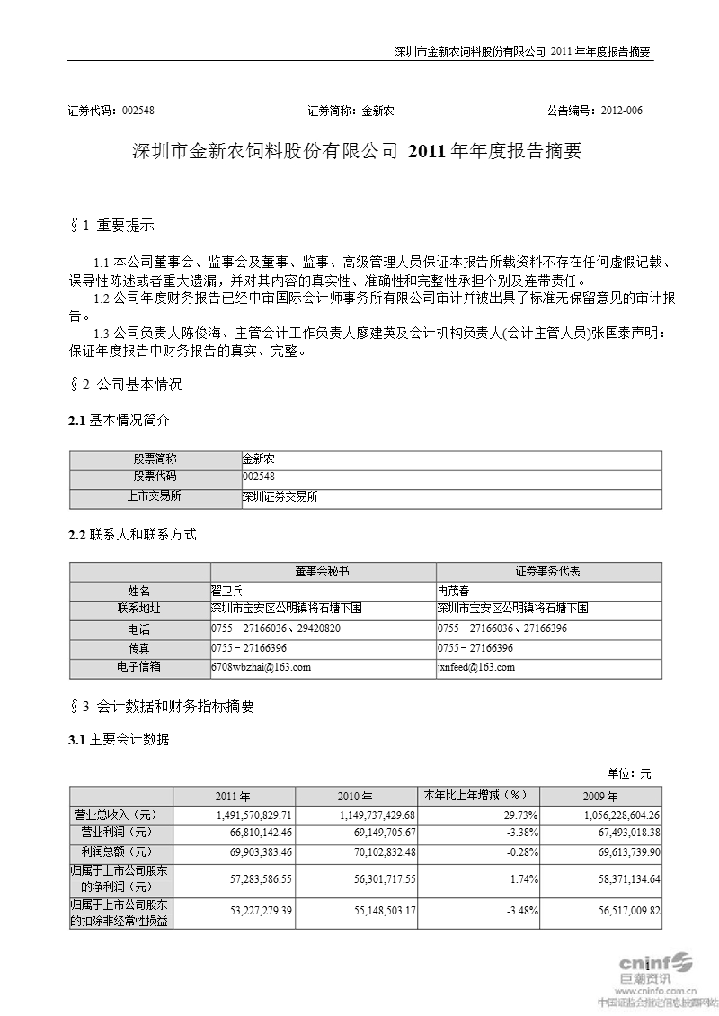 金新农：2011年年度报告摘要.ppt_第1页