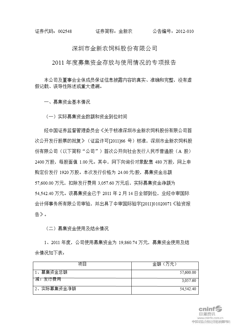 金新农：2011年度募集资金存放与使用情况的专项报告.ppt_第1页