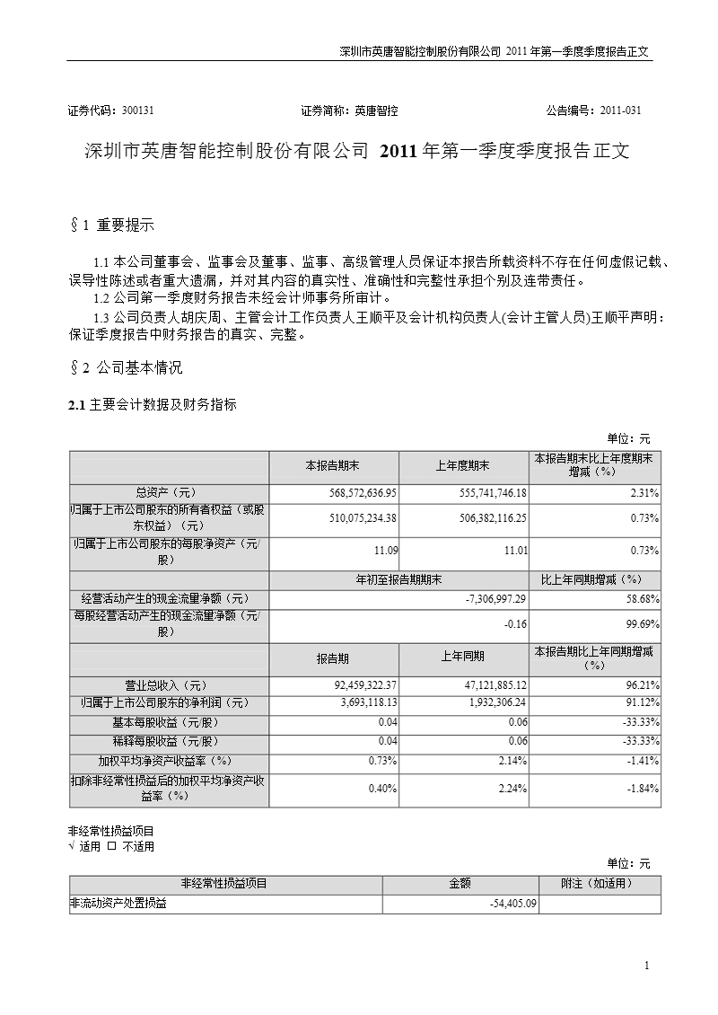 英唐智控：2011年第一季度报告正文.ppt_第1页