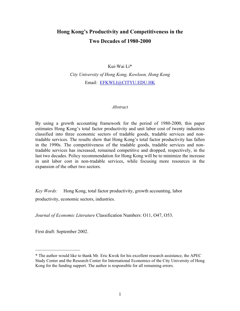 Hong Kong’s Productivity and Competitiveness in the Two Decades of 1980-2000.doc_第1页