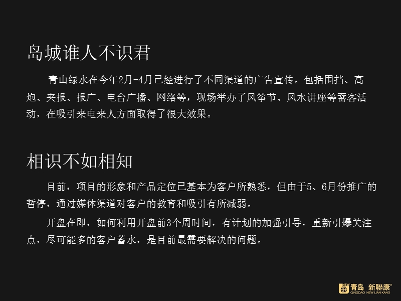 青岛新联康-2010年青岛青山绿水开盘阶段性推广方案建议.ppt_第3页