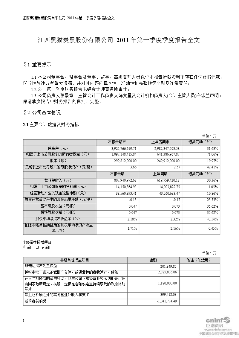 黑猫股份：2011年第一季度报告全文.ppt_第1页