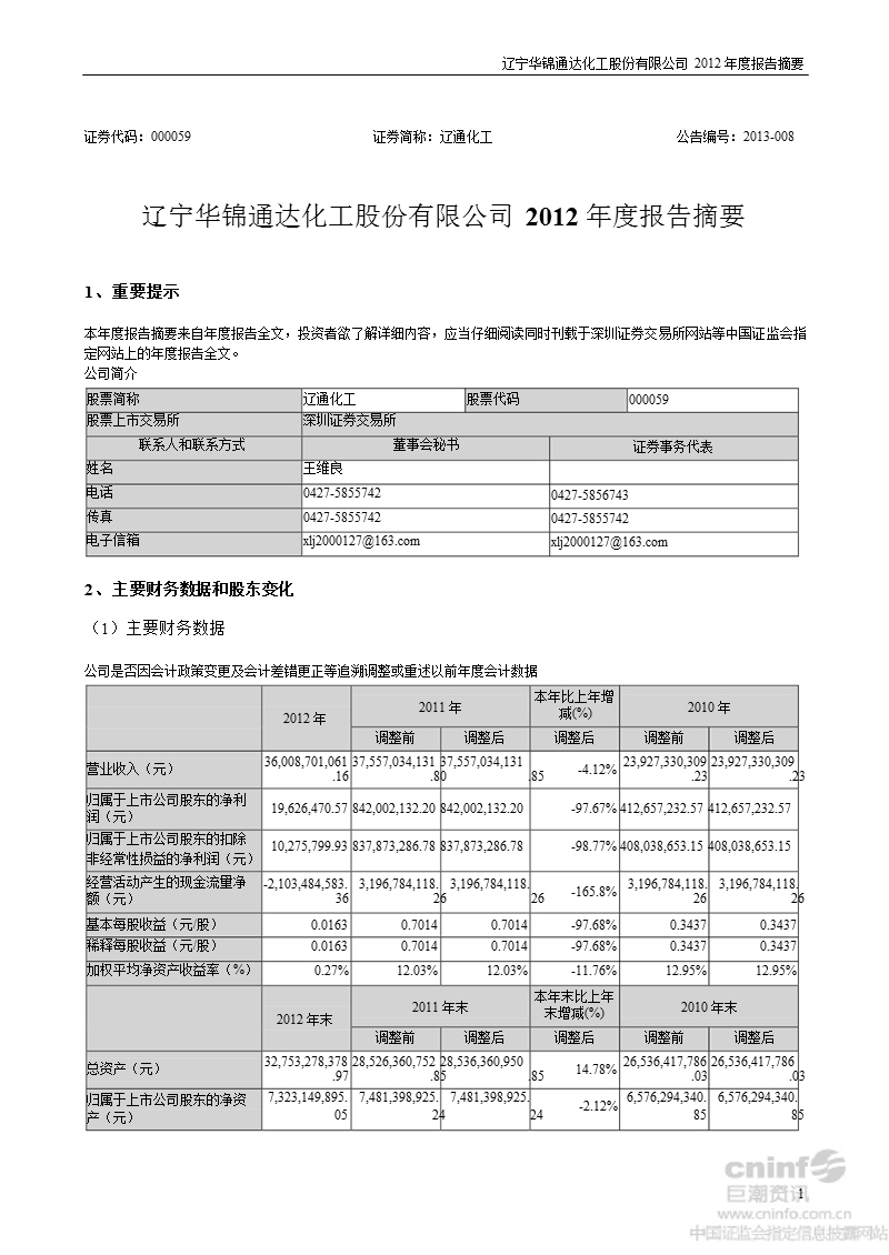 辽通化工：2012年年度报告摘要.ppt_第1页