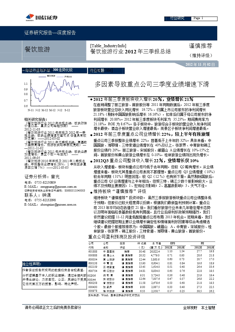 餐饮旅游行业2012年三季报总结：多因素导致重点公司三季度业绩增速下滑-2012-11-05.ppt_第1页