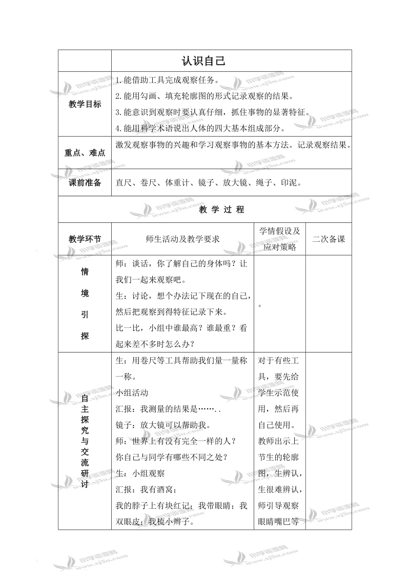 （冀教版）三年级科学上册教案 认识自己.doc_第1页