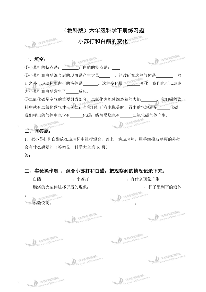 （教科版）六年级科学下册练习题 小苏打和白醋的变化 1.doc_第1页