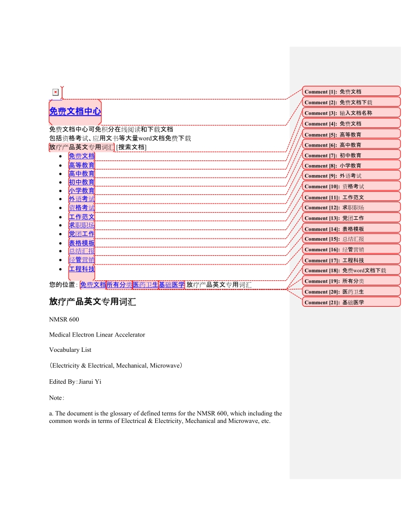 放疗产品英文专用词汇-免费文档.doc_第1页