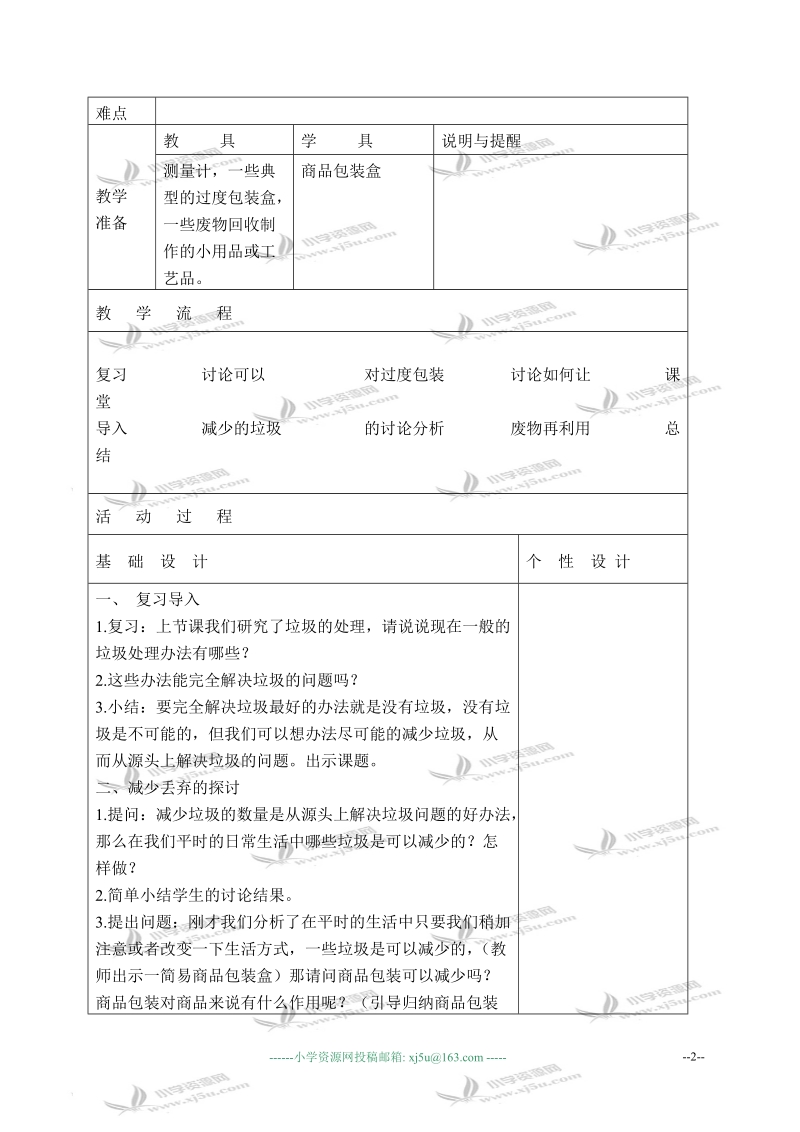 （教科版）六年级科学下册教案 减少丢弃及重新使用 2.doc_第2页