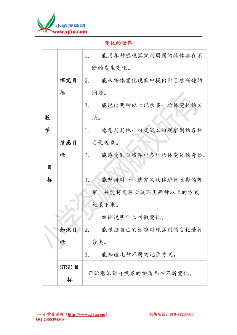 小学（ 翼教版）四年级科学下册 第1单元 1《变化的世界》教案.doc_第1页