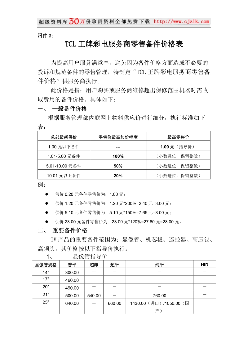 附件3－tcl王牌彩电服务商维修用备件价格表.doc_第1页