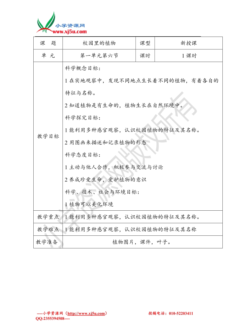 2017秋（教科版）一年级科学上册1.6 校园里的植物 (2).doc_第1页