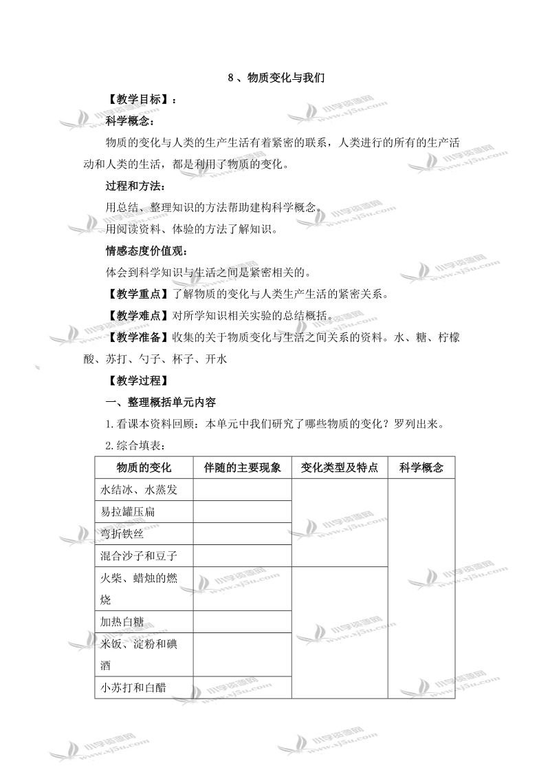 （教科版）六年级科学教案 物质变化与我们.doc_第1页