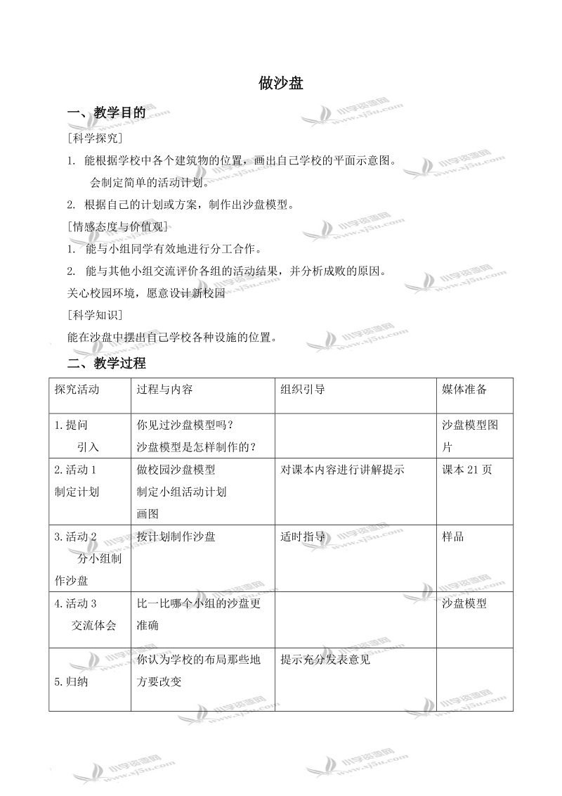 （冀教版）四年级科学上册教案 做沙盘 2.doc_第1页