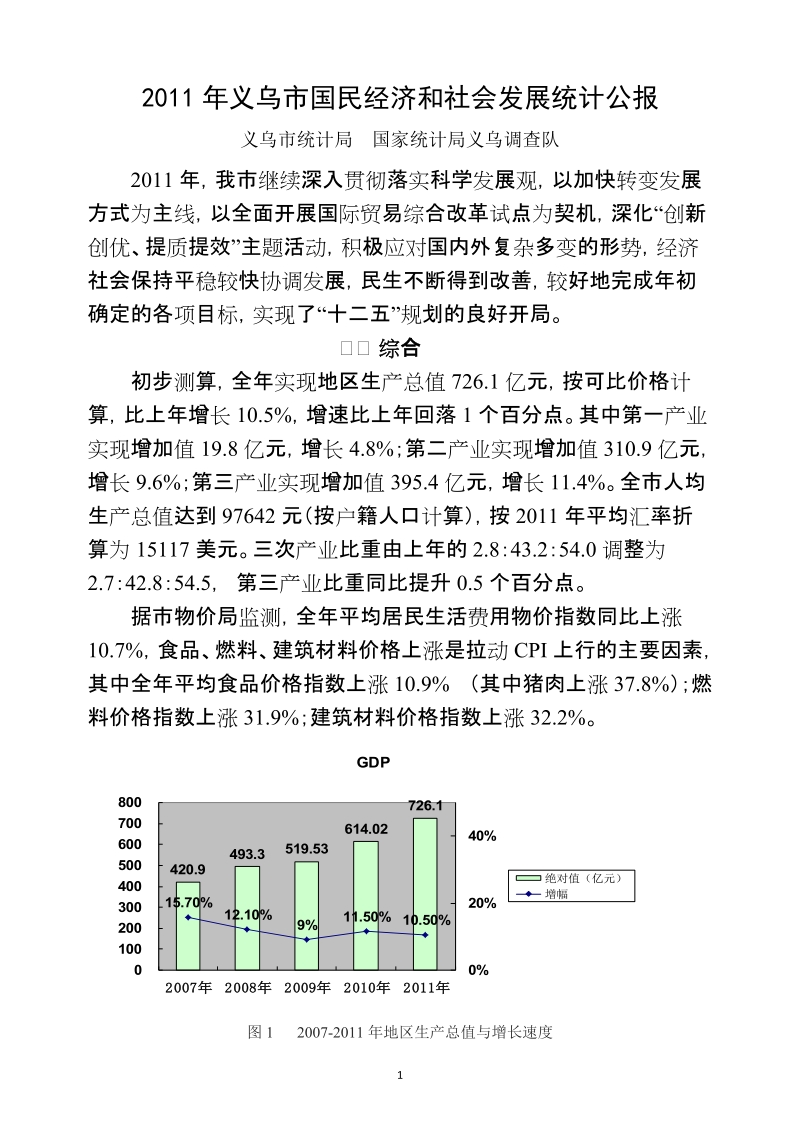 2011年义乌市国民经济和社会发展统计公报.doc_第1页