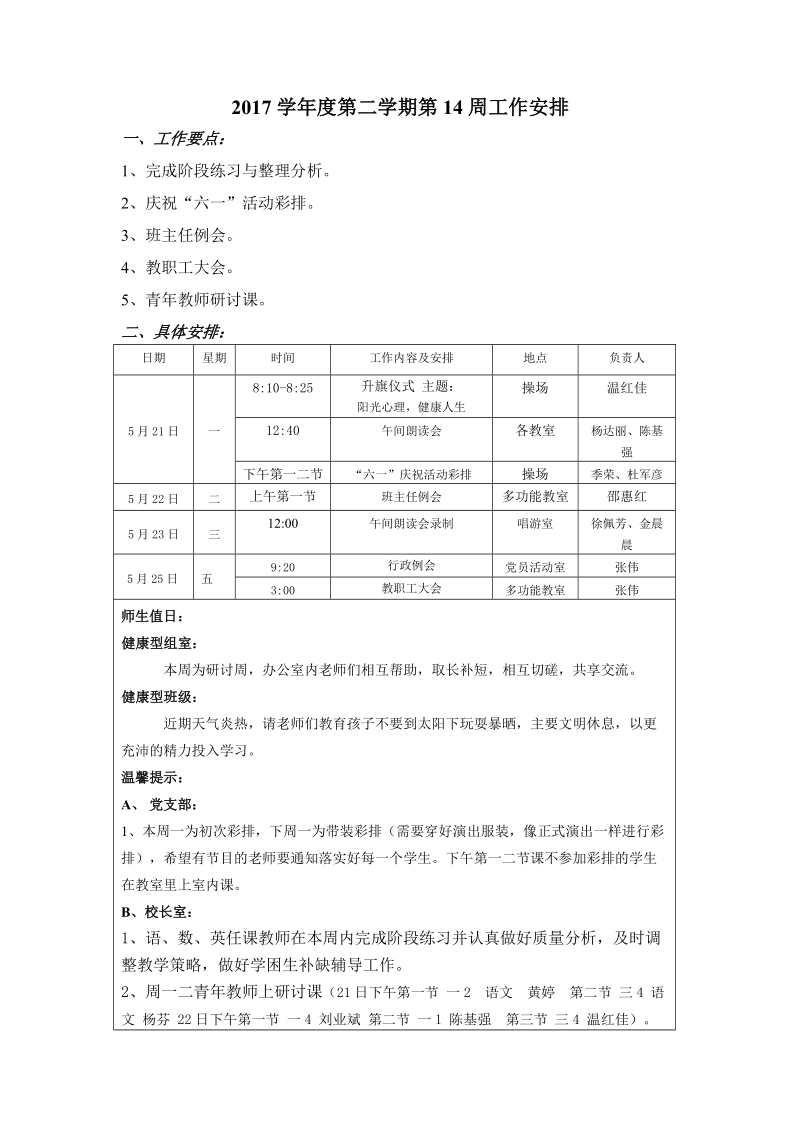 2017学年度第二学期第14周工作安排.doc_第1页