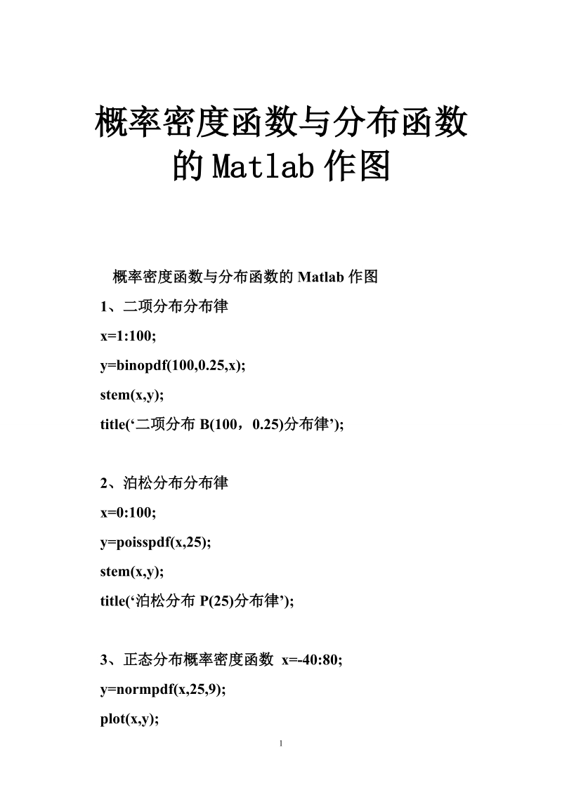 概率密度函数与分布函数的matlab作图.doc_第1页