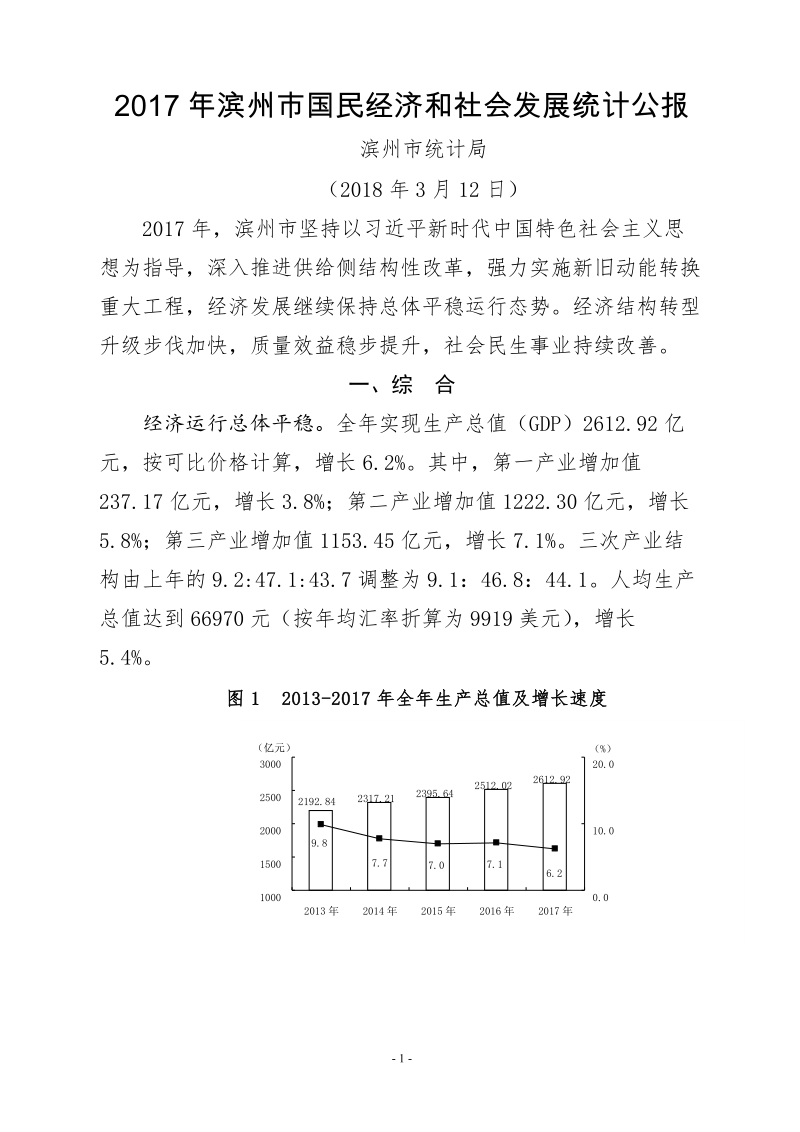 2017年滨州国民经济和社会发展统计公报.doc_第1页