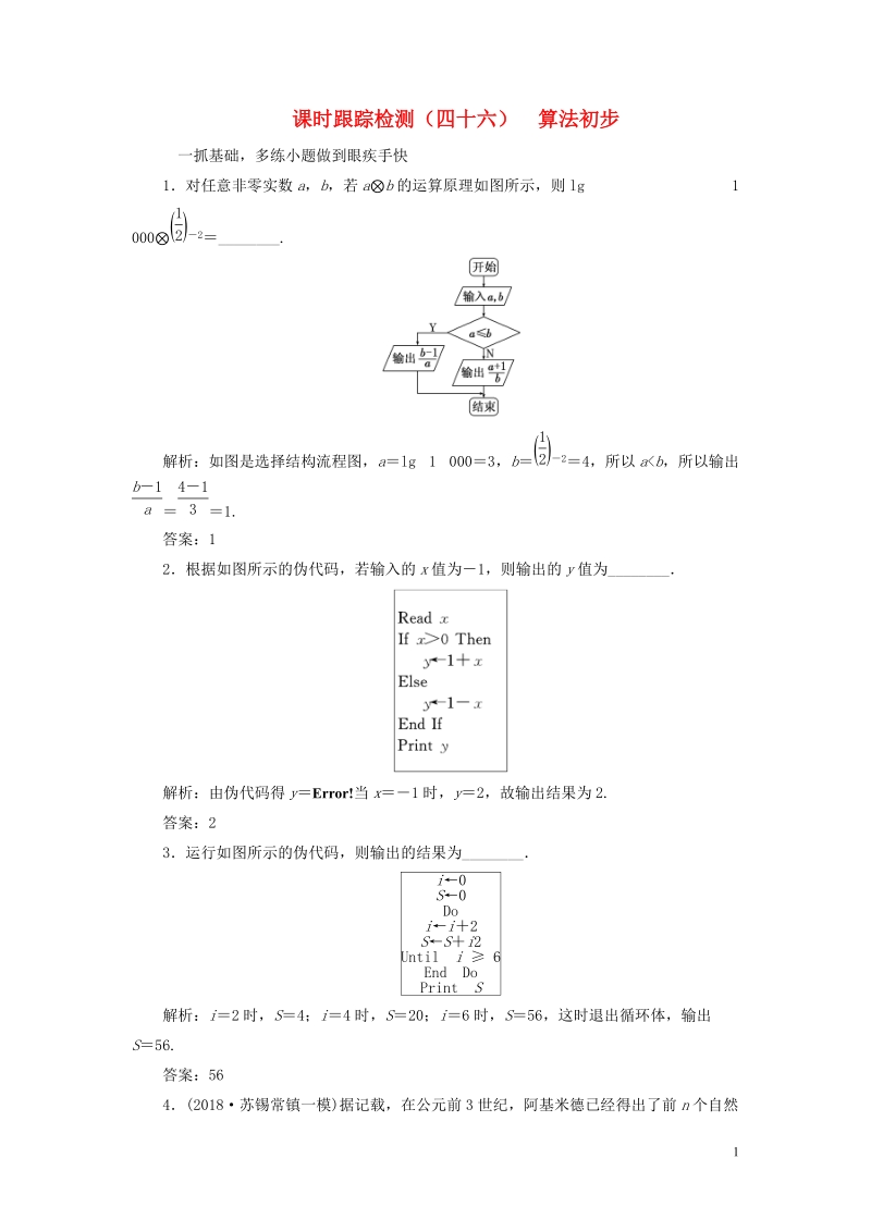 江苏专版2019版高考数学一轮复习第十章算法初步复数推理与证明课时跟踪检测四十六算法初步文201805284213.doc_第1页