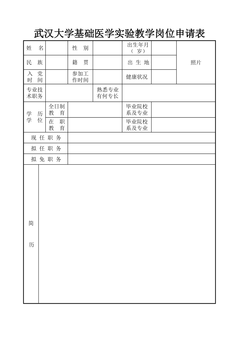 武汉大学基础医学实验教学岗位申请表.doc_第1页