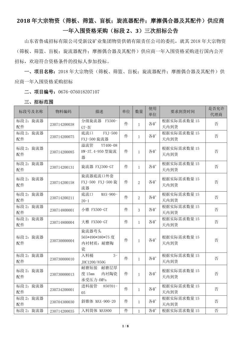 2018年大宗物资（筛板、筛篮、盲板；旋流器配件；摩擦偶合.doc_第1页