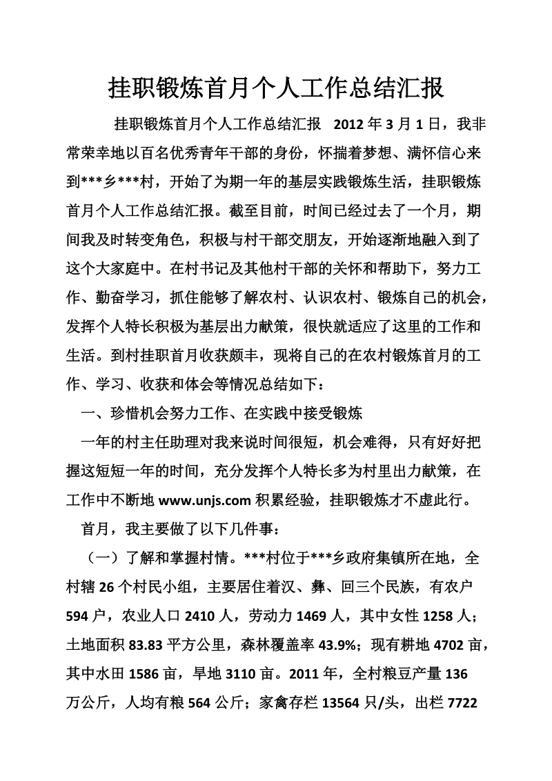 挂职锻炼首月个人工作总结汇报.doc_第1页