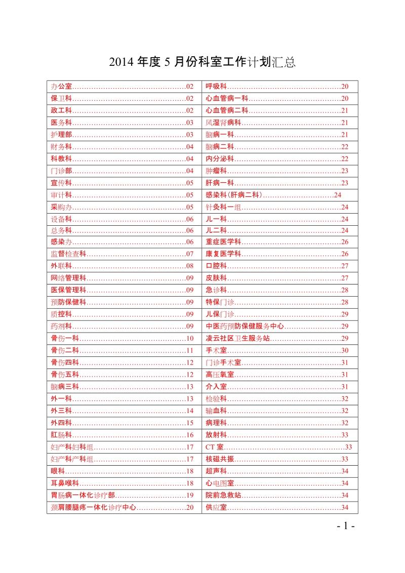 20145月份科室工作计划汇总.doc_第1页