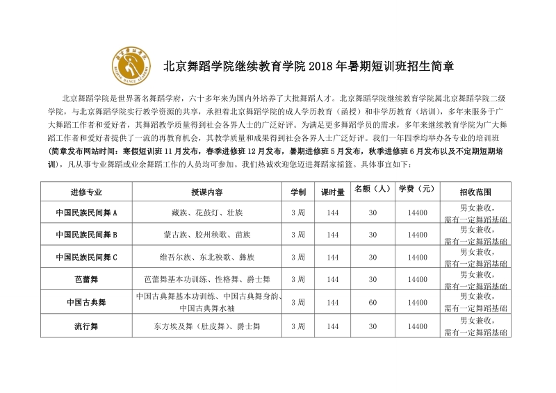 北京舞蹈学院继续教育学院2018年暑期短训班招生简章.doc_第1页