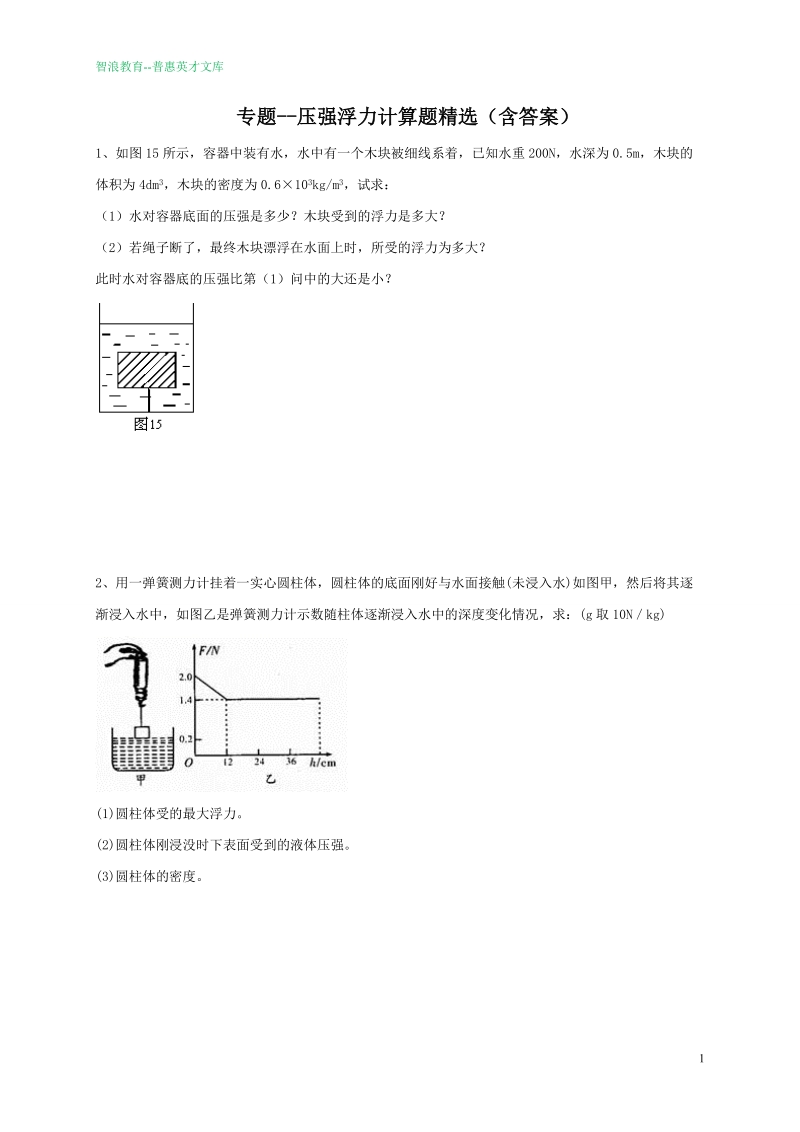 专题--压强浮力计算题精选含答案.doc_第1页