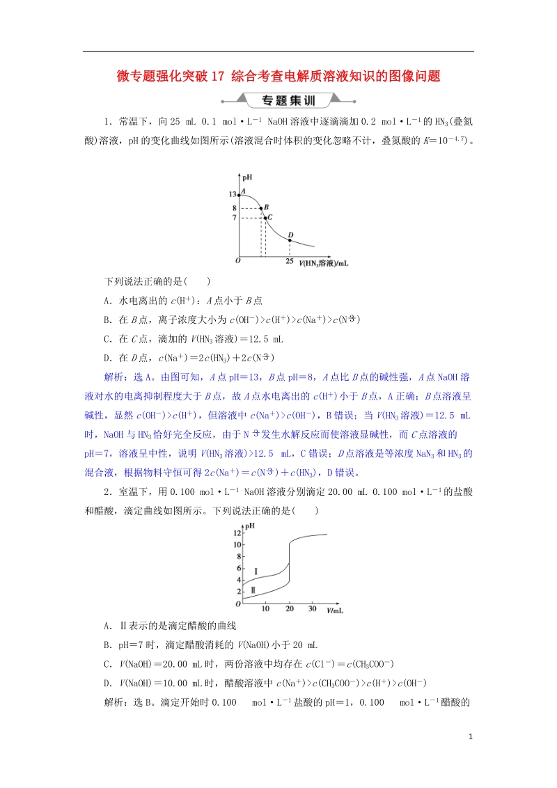 2019版高考化学总复习 第8章 水溶液中的离子平衡 微专题强化突破17 综合考查电解质溶液知识的图像问题专题集训 新人教版.doc_第1页