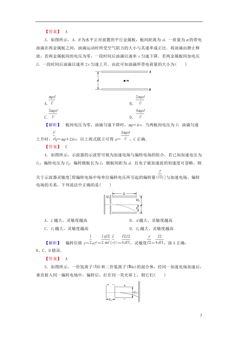 2019届高考物理一轮复习 第六章 静电场 课时作业21 电容器的电容 带电粒子在电场中的运动.doc_第2页