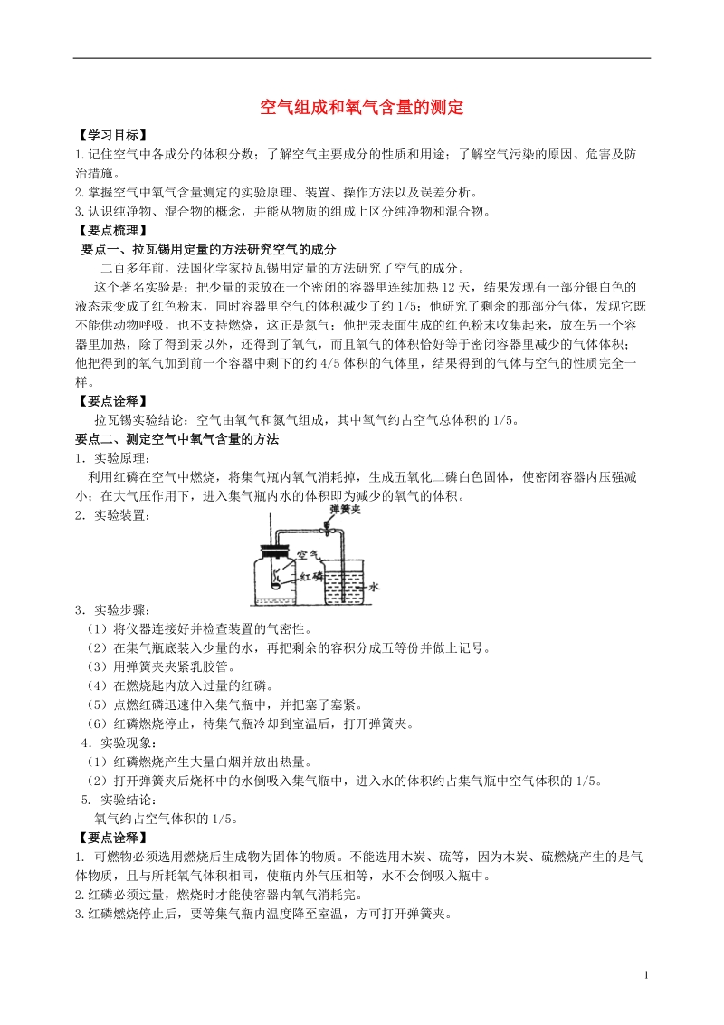 2018学年九年级化学上册《空气组成和氧气含量的测定》知识点归纳+例题演练 （新版）新人教版.doc_第1页