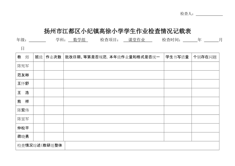 扬州江都区小纪镇高徐小学学生作业检查情况记载表.doc_第2页