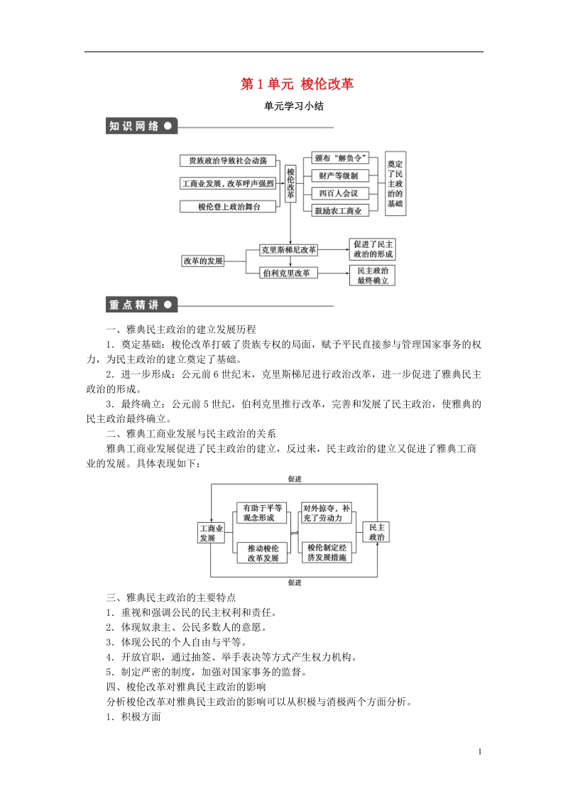 2017_2018学年高中历史第1单元梭伦改革单元学习小结学案新人教版选修.doc_第1页