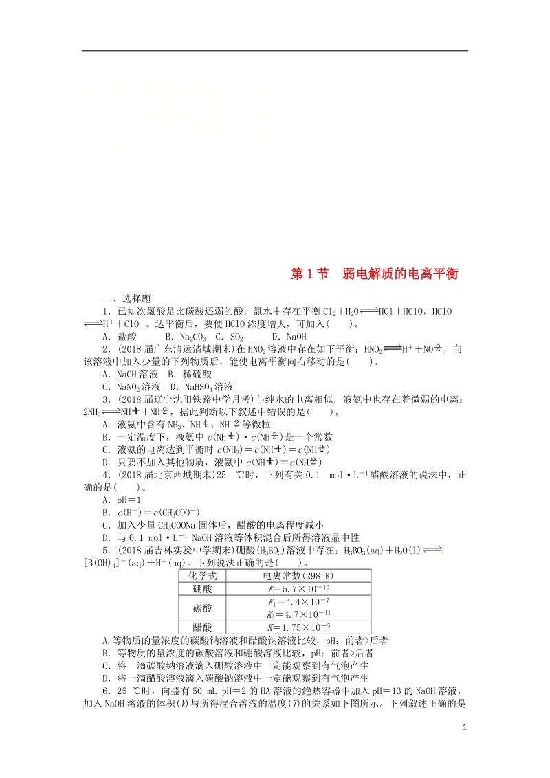 2019版高考化学一轮复习 第六单元 水溶液中的离子平衡 第1节 弱电解质的电离平衡课时练.doc_第1页